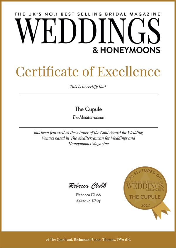 The Cupule Certificate of Excellence — Best Wedding Venue in the Mediterranean 2022